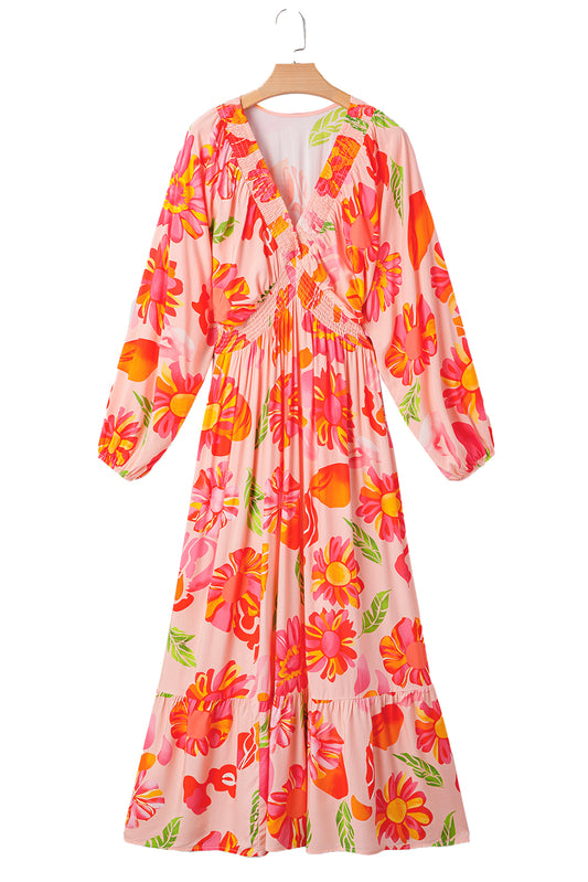 Beige Floral Print Shirred Detail Puff Sleeve Flowy Maxi Dress
