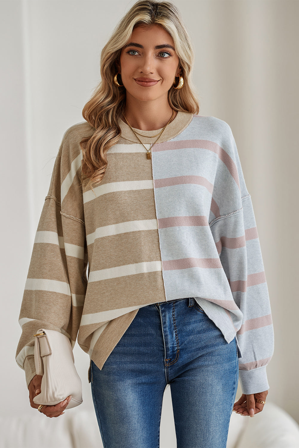 Blue Stripe Exposed Seam Patchwork Loose Sweater