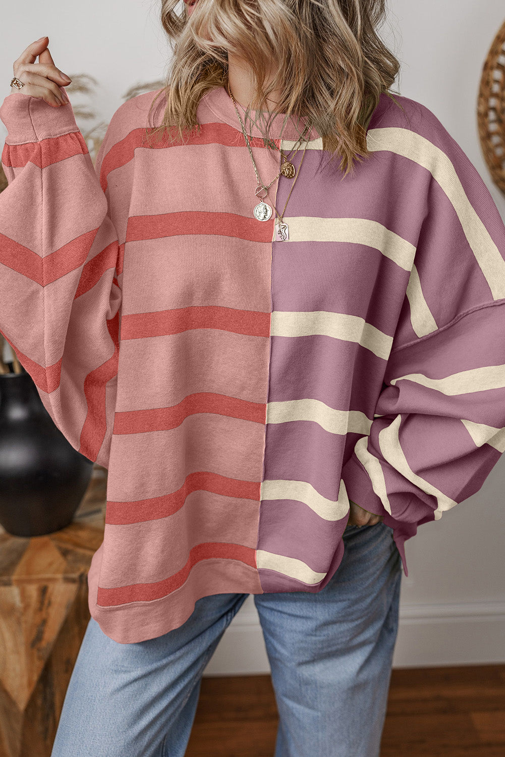 Blue Stripe Exposed Seam Patchwork Loose Sweater