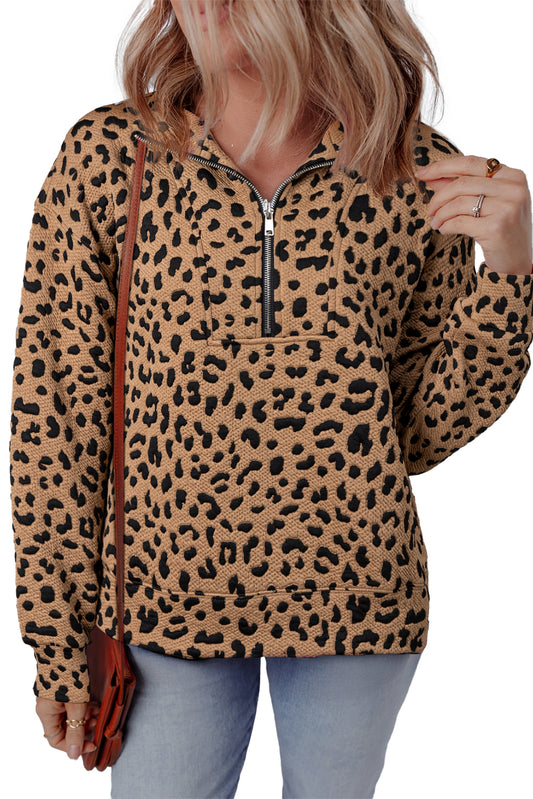 Brown Leopard Print Quarter Zip Sweatshirt