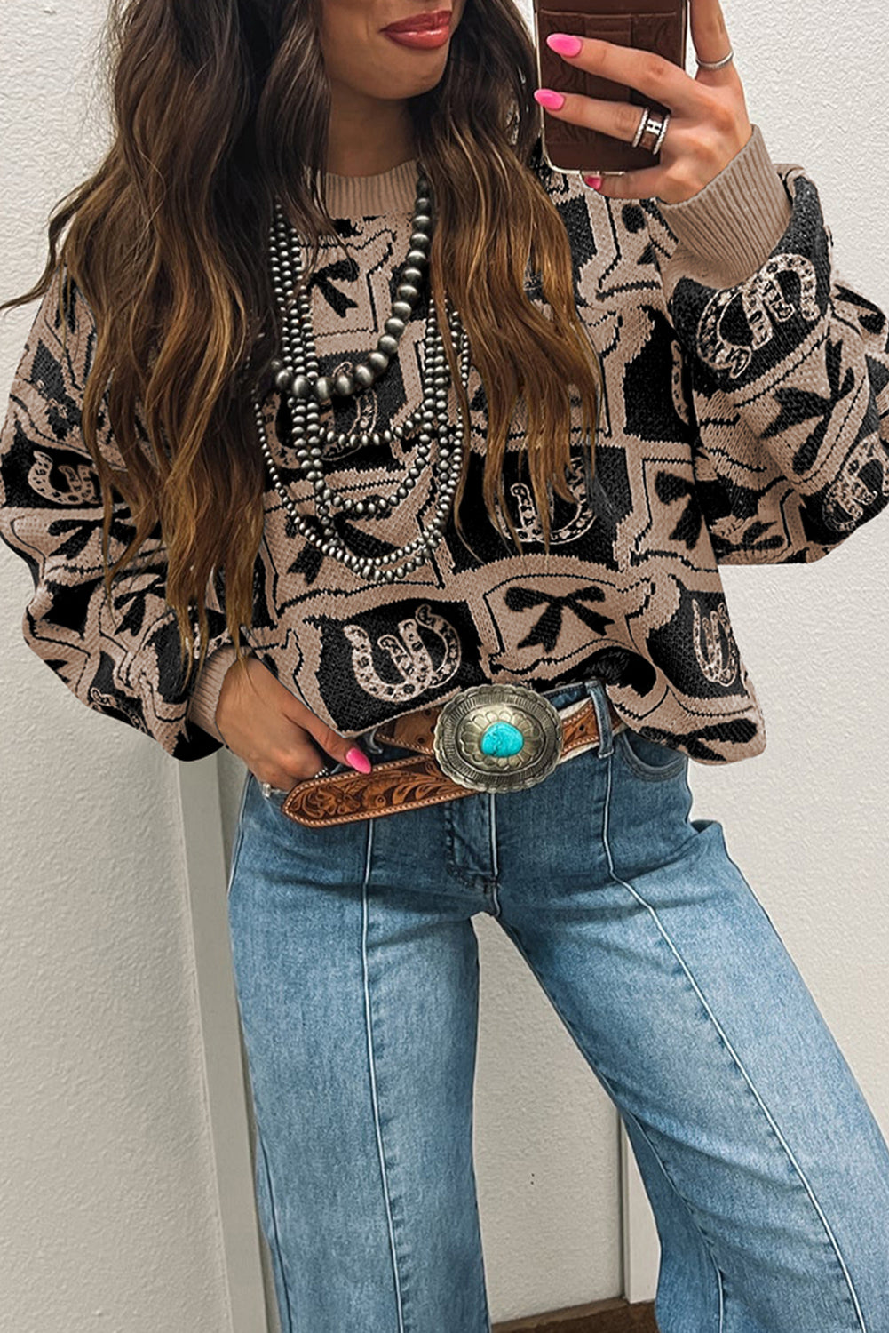 Pink Colorblock Bow Pattern Drop Sleeve Sweater