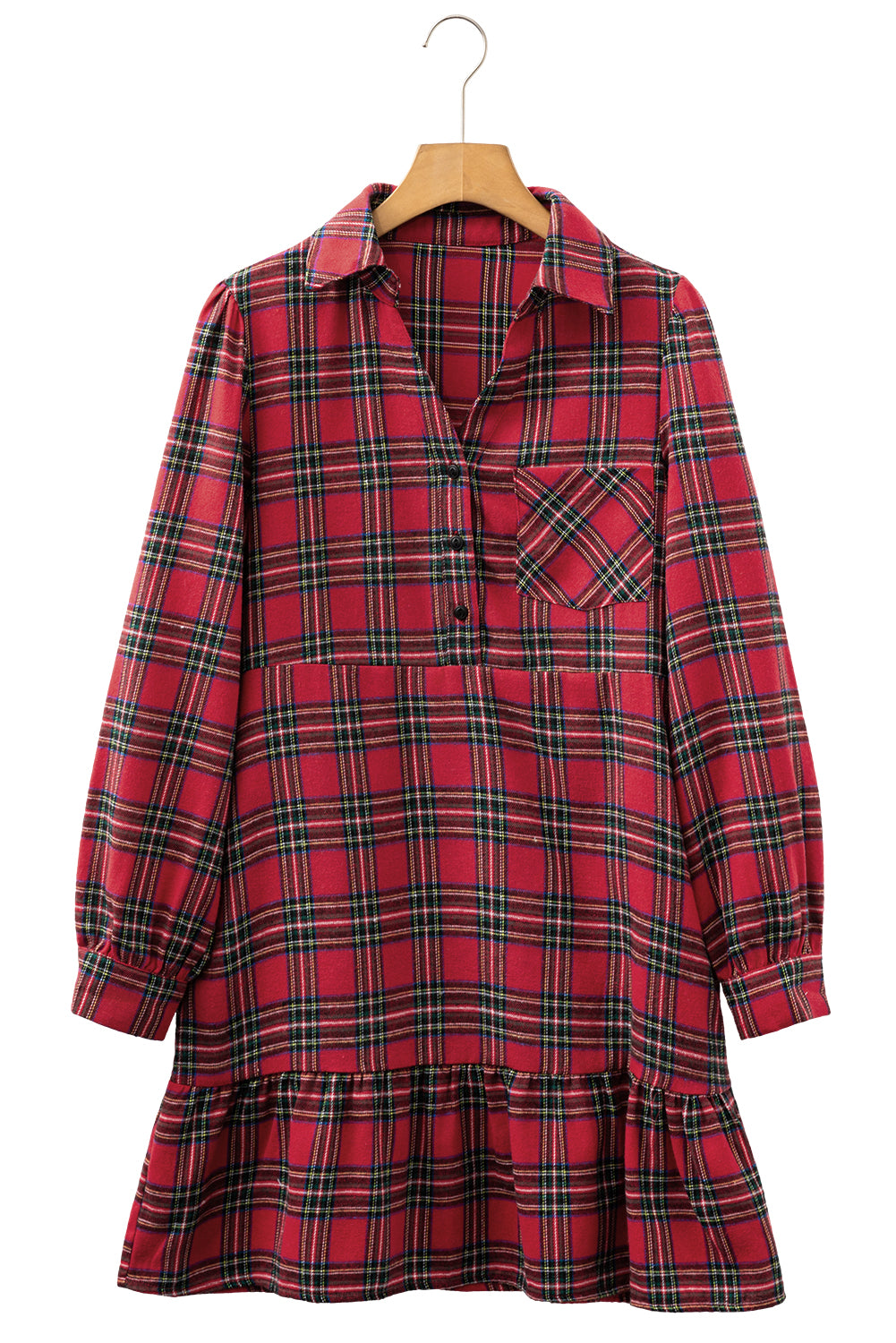 Red Plaid Shirt Collar Half Button Ruffle Hem Long Sleeve Mini Dress