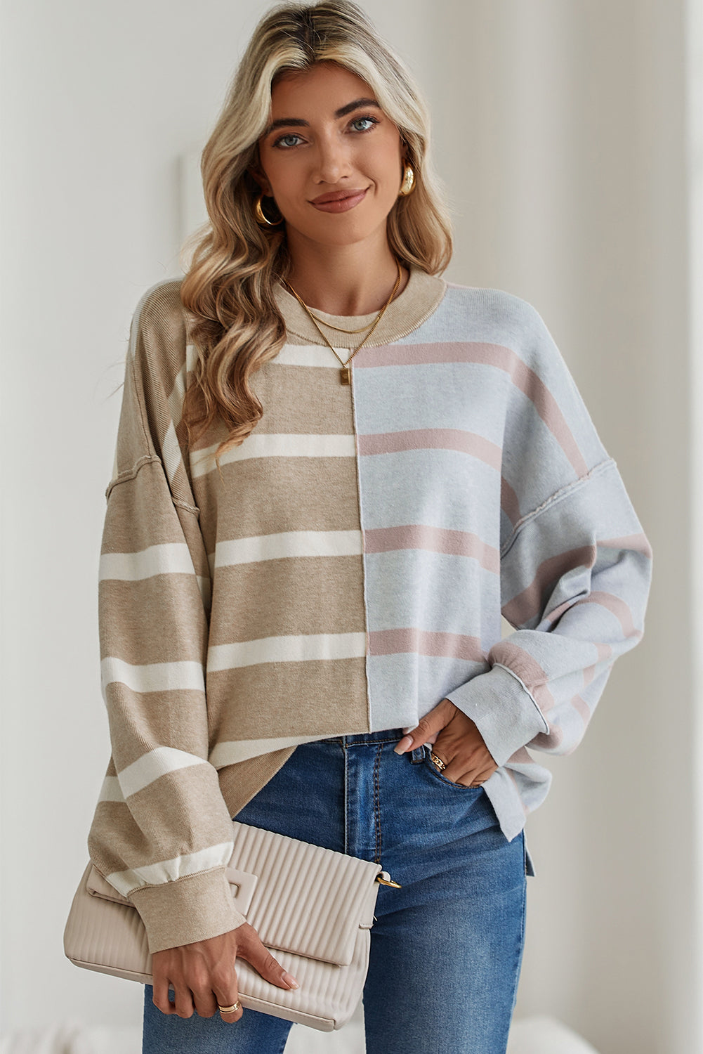 Blue Stripe Exposed Seam Patchwork Loose Sweater