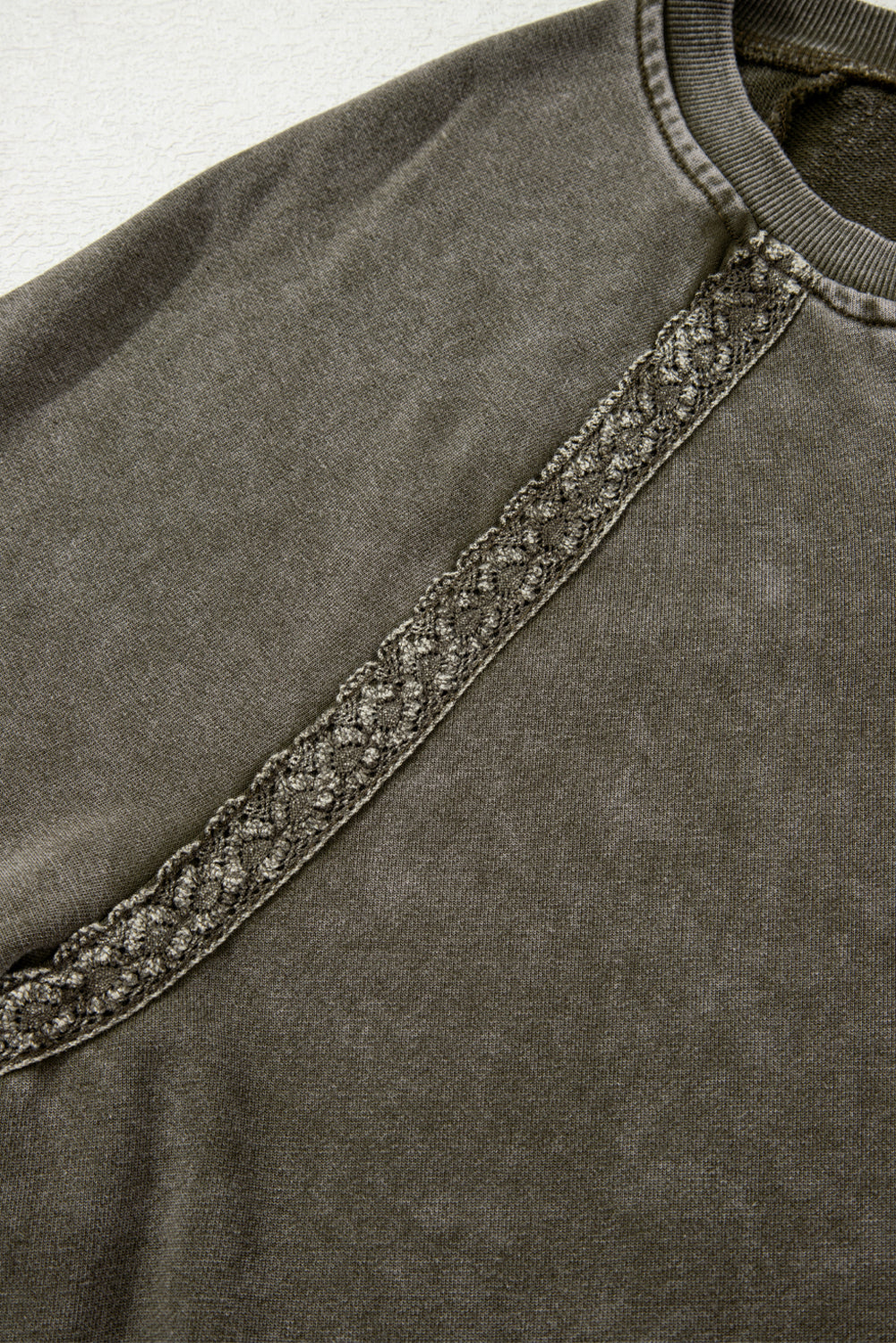 Red Dahlia Lace Applique Notched Neck Mineral Wash Baggy Sweatshirt