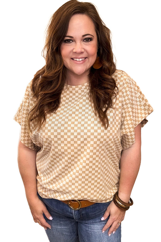 Khaki Checkered Batwing Sleeve Plus Size T Shirt