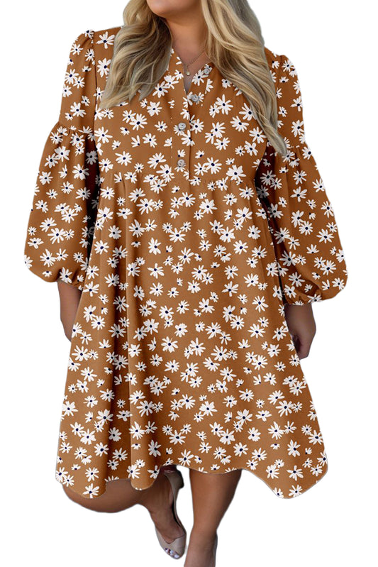 Khaki Plus Size Daisy Floral Print Button Split Neck Puff Sleeve Dress