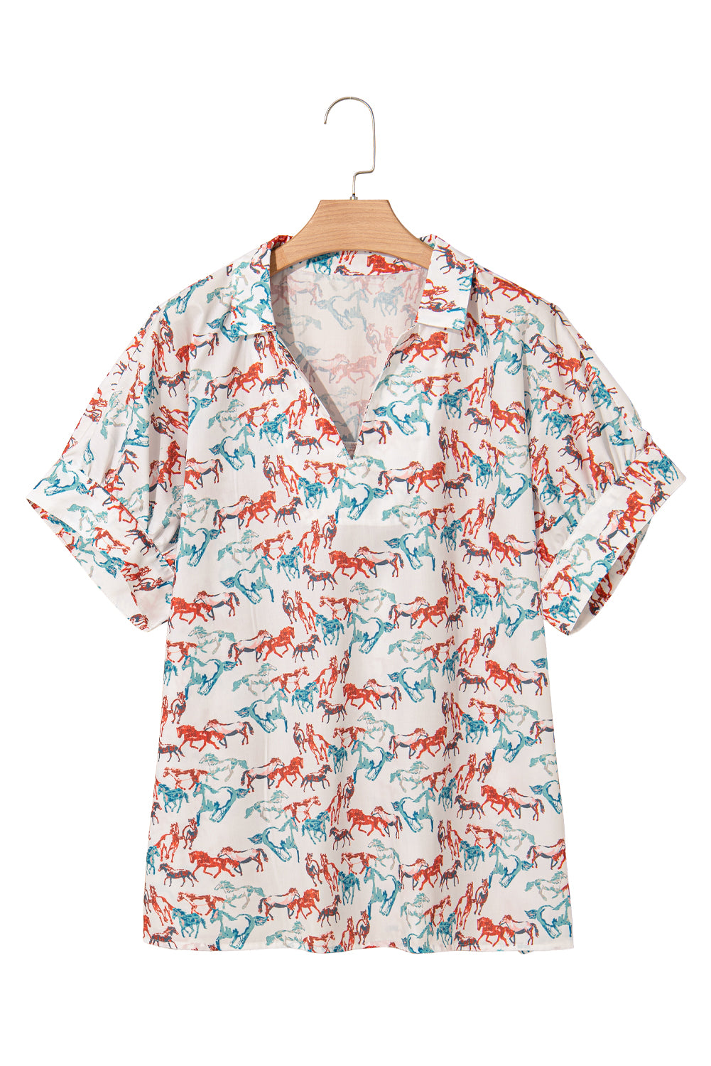 White Horse Galloping Allover Print Split Neck Plus Size Blouse