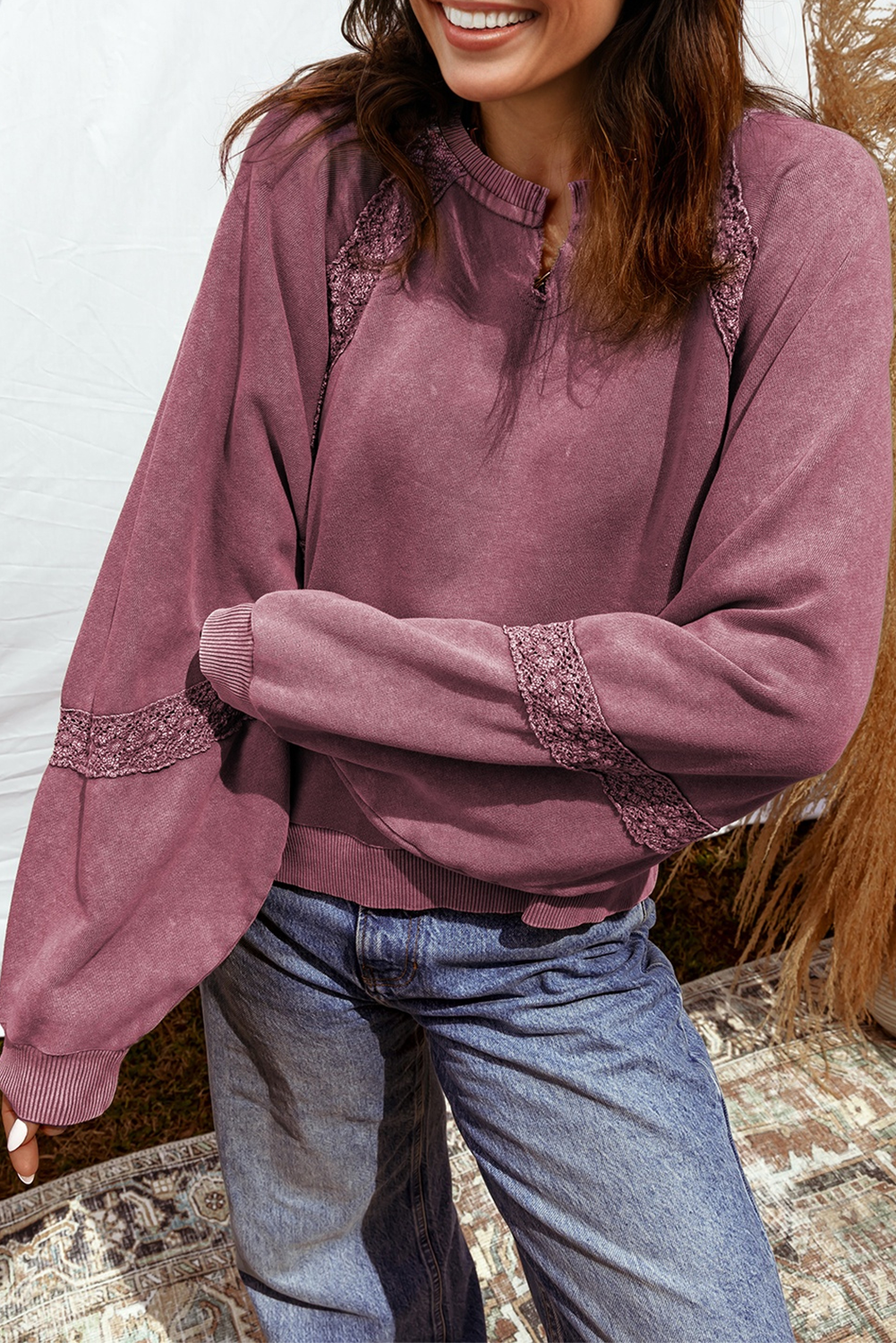 Red Dahlia Lace Applique Notched Neck Mineral Wash Baggy Sweatshirt