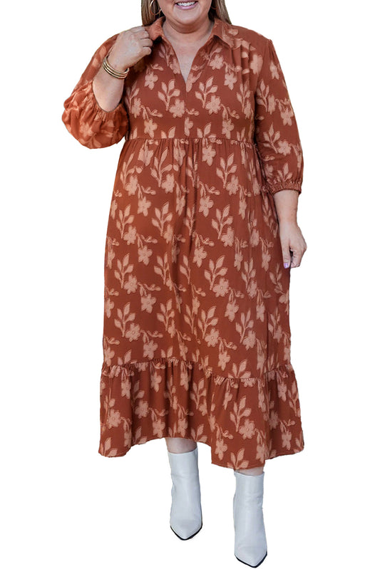 Cinnamon Plus Size Textured Flower Pattern Ruffle Hem Dress