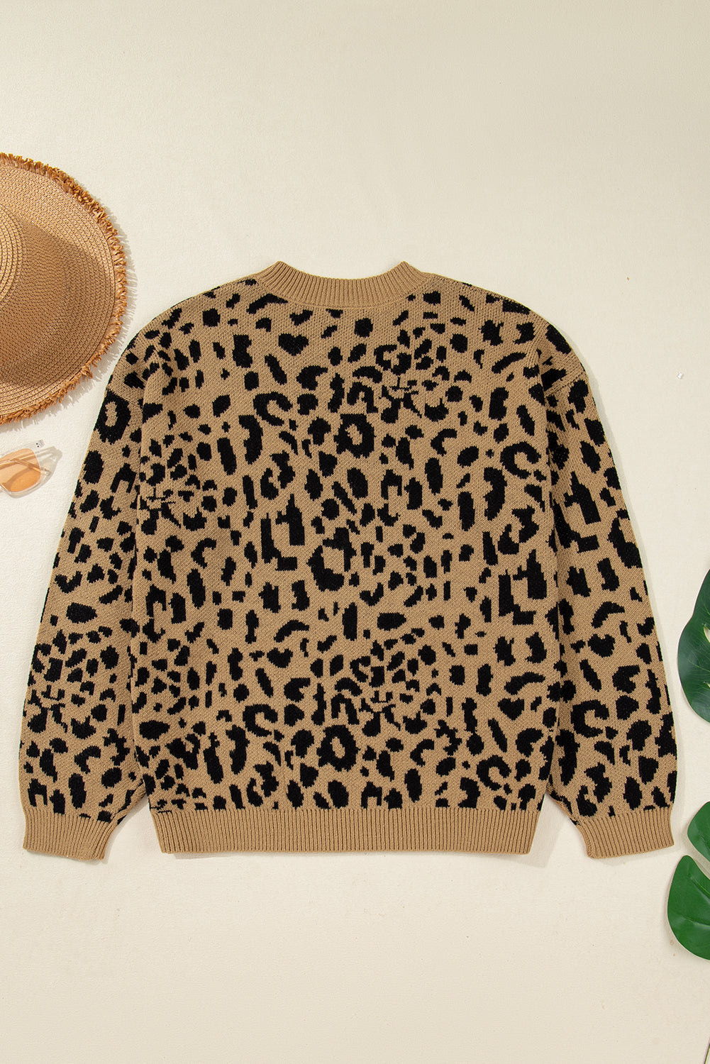 Light French Beige Leopard Round Neck Long Sleeve Sweater