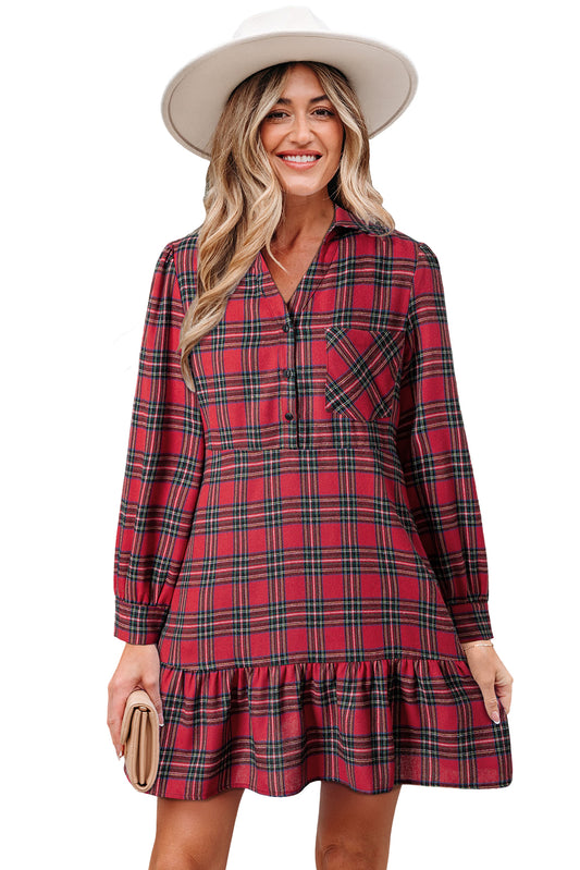 Red Plaid Shirt Collar Half Button Ruffle Hem Long Sleeve Mini Dress