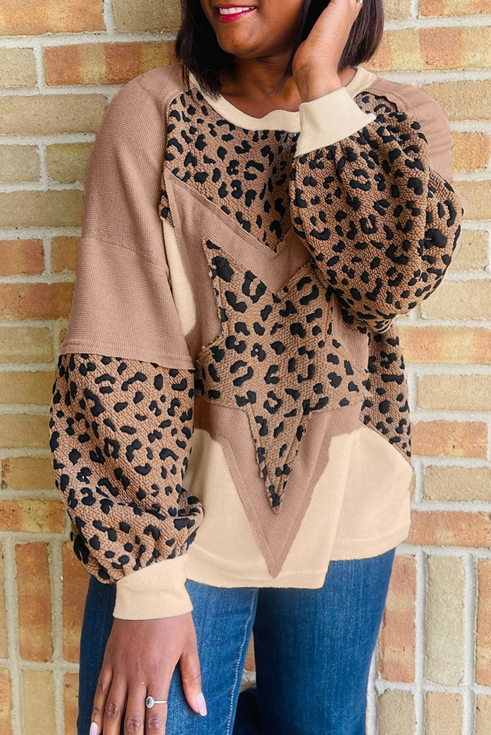 Light French Beige Star Leopard Patchwork Sweatshirt