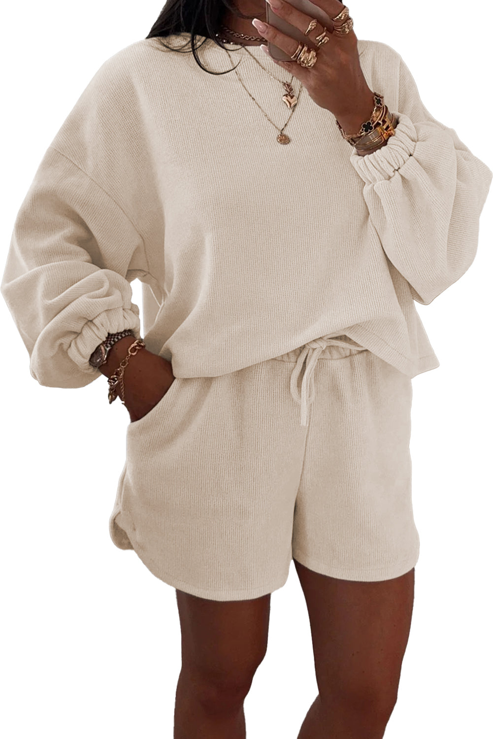 Jet Stream Textured Knit Drop Shoulder Pullover Drawstring Shorts Set