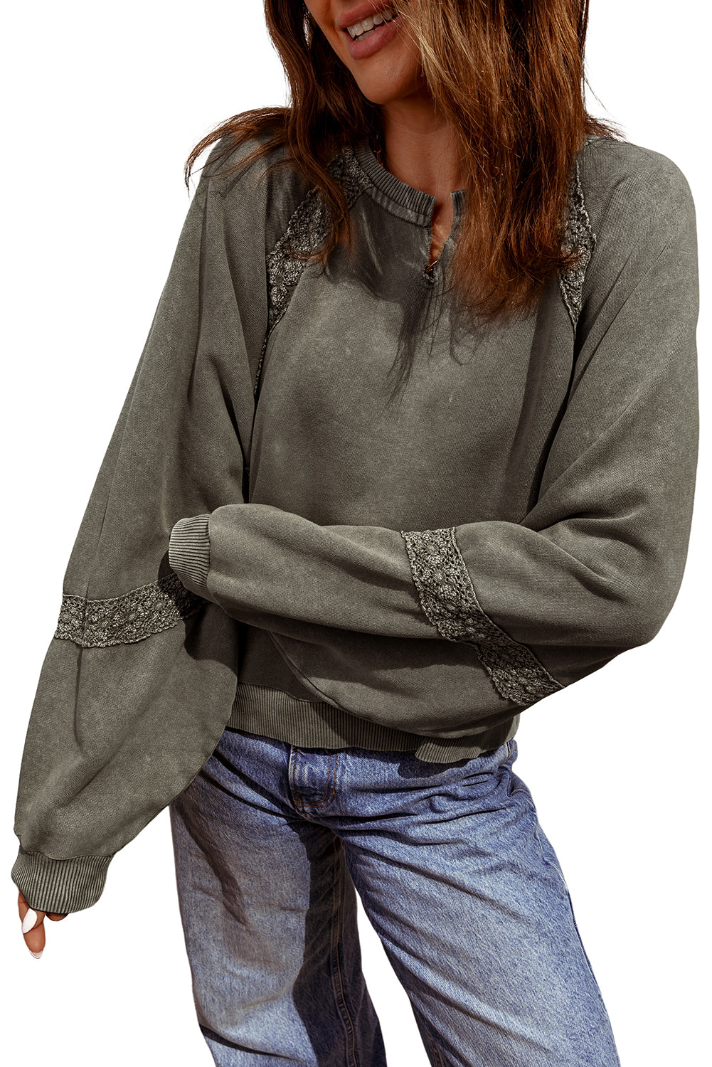 Red Dahlia Lace Applique Notched Neck Mineral Wash Baggy Sweatshirt