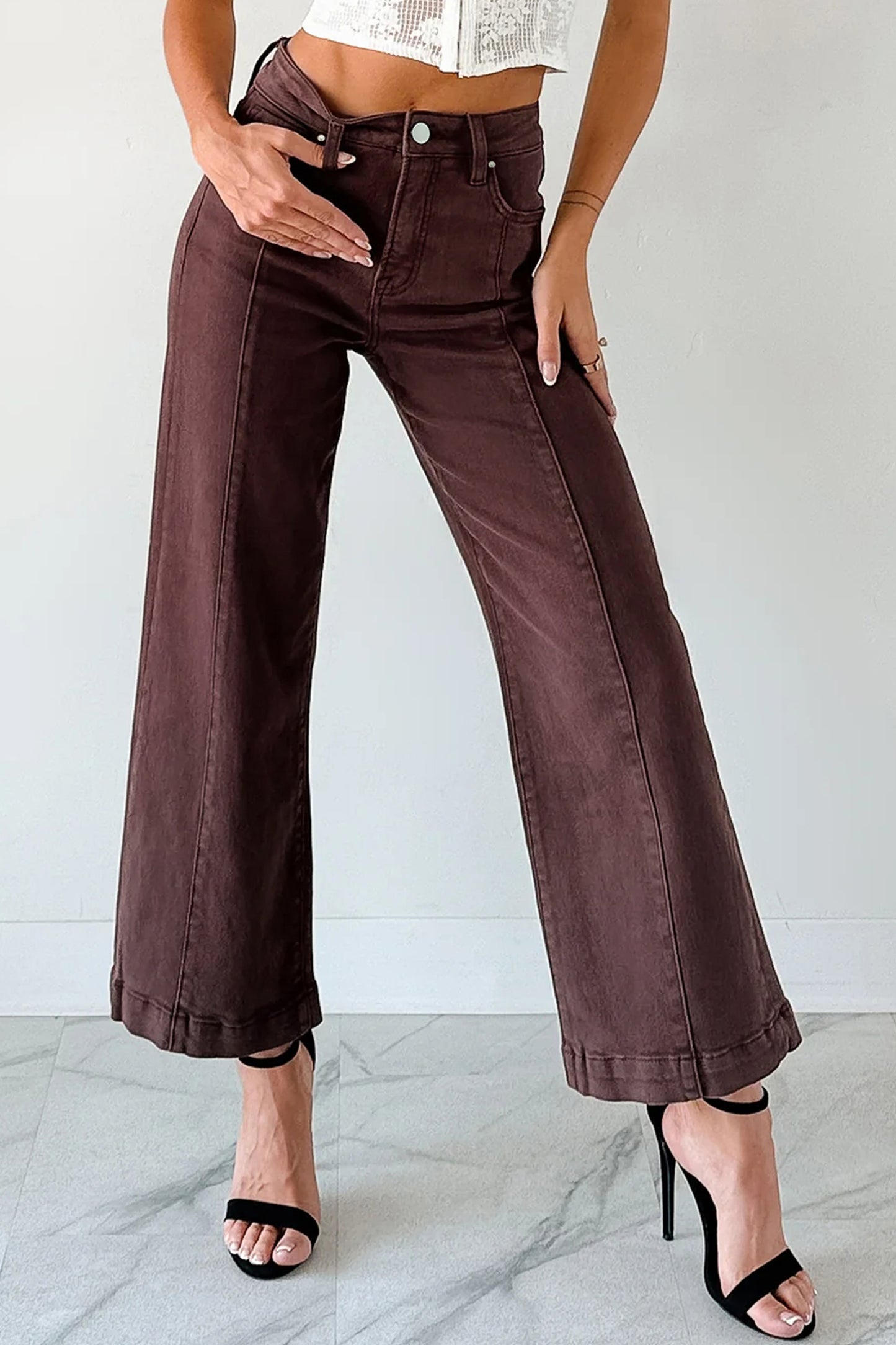 Red Sandalwood Solid Color Seamed Center Wide Leg Cropped Jeans