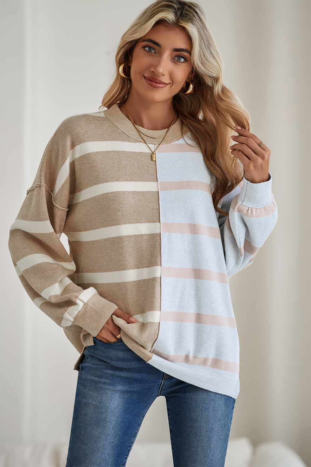 Blue Stripe Exposed Seam Patchwork Loose Sweater
