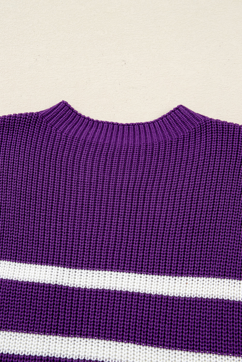 Purple Stripe Raw Edge Patched Pocket Short Sleeve Knit Sweater