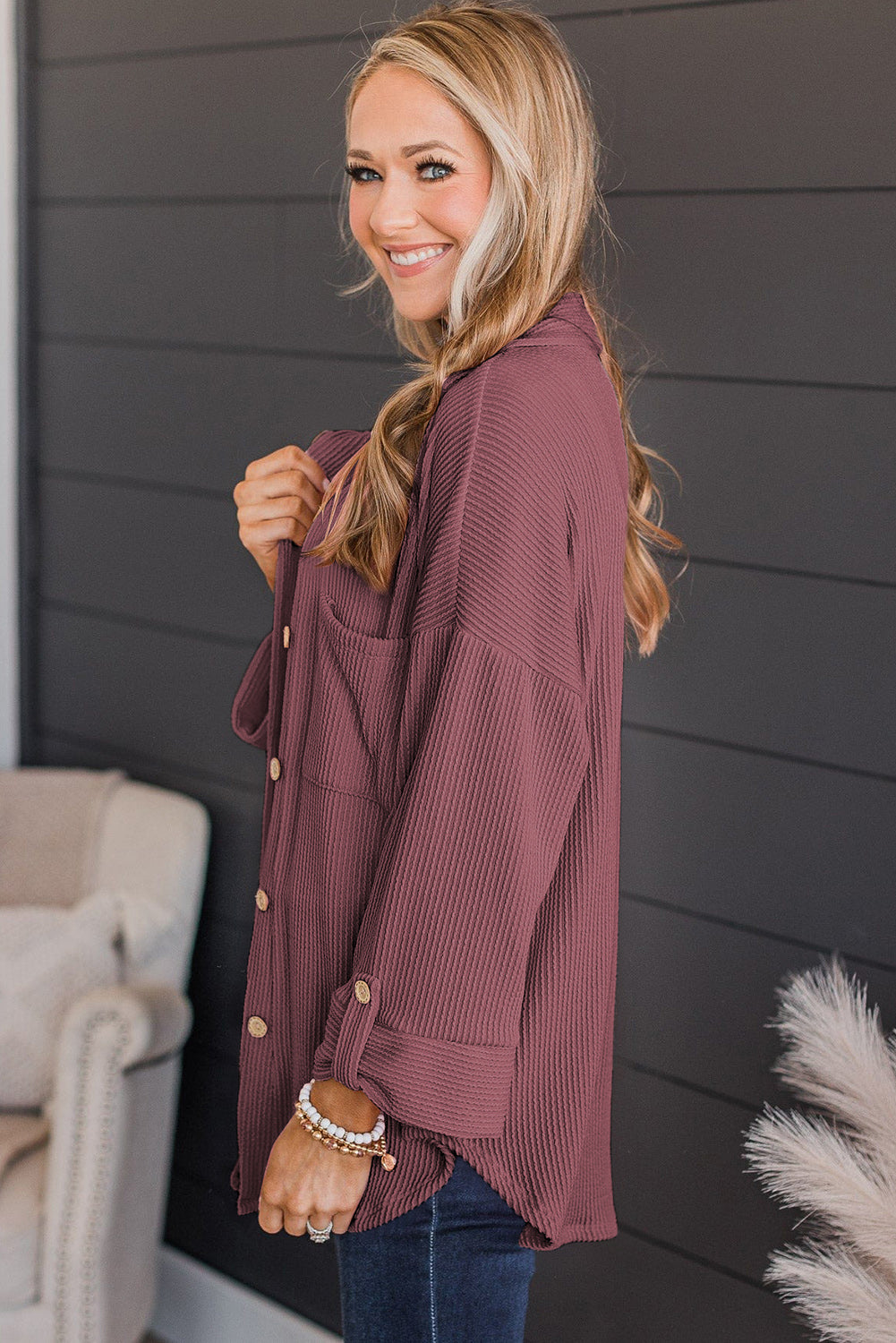 Fiery Red Pink Roll Tab Sleeve Ribbed Cording Shacket