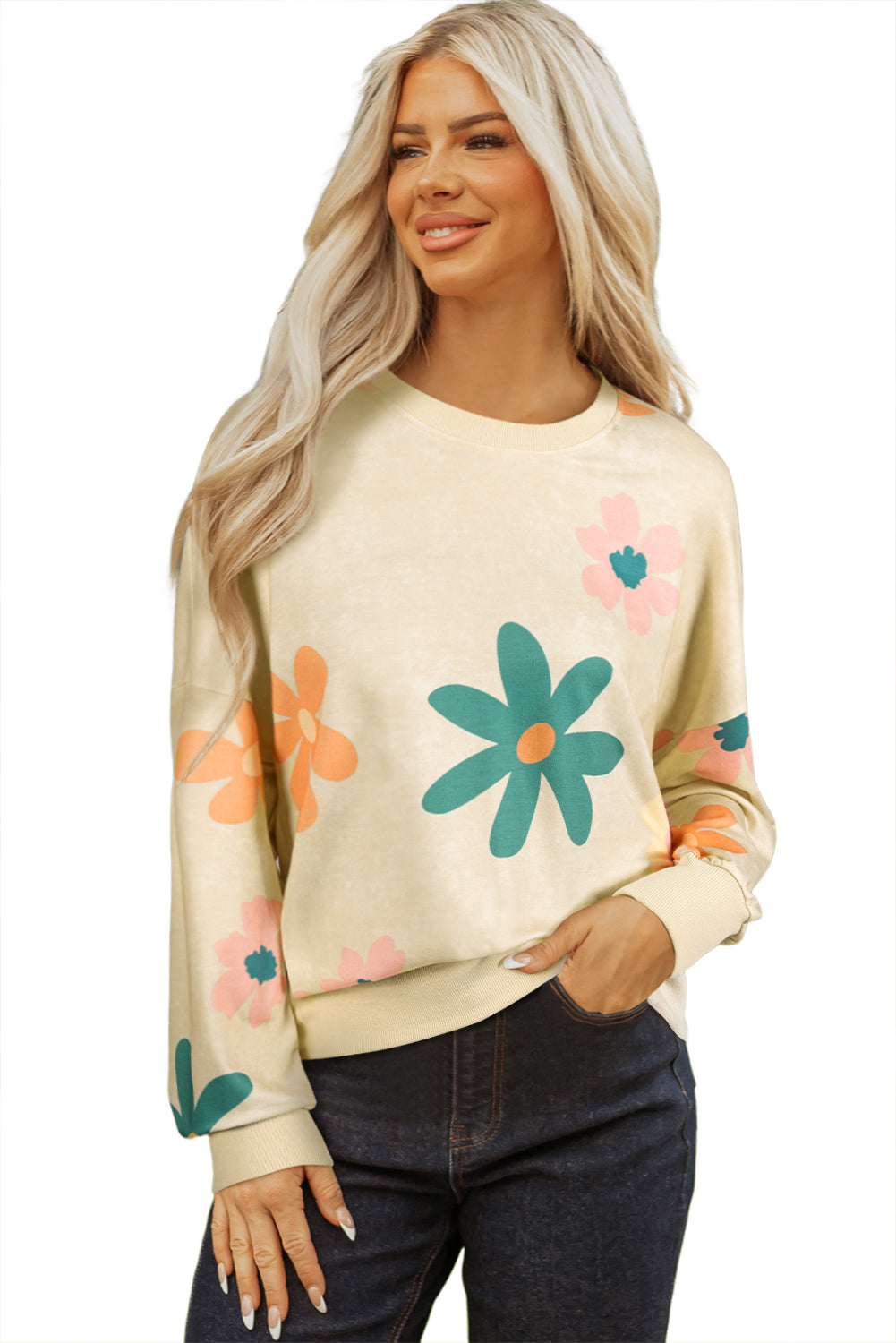 Khaki Flower Print Drop Shoulder Mineral Wash Sweatshirt