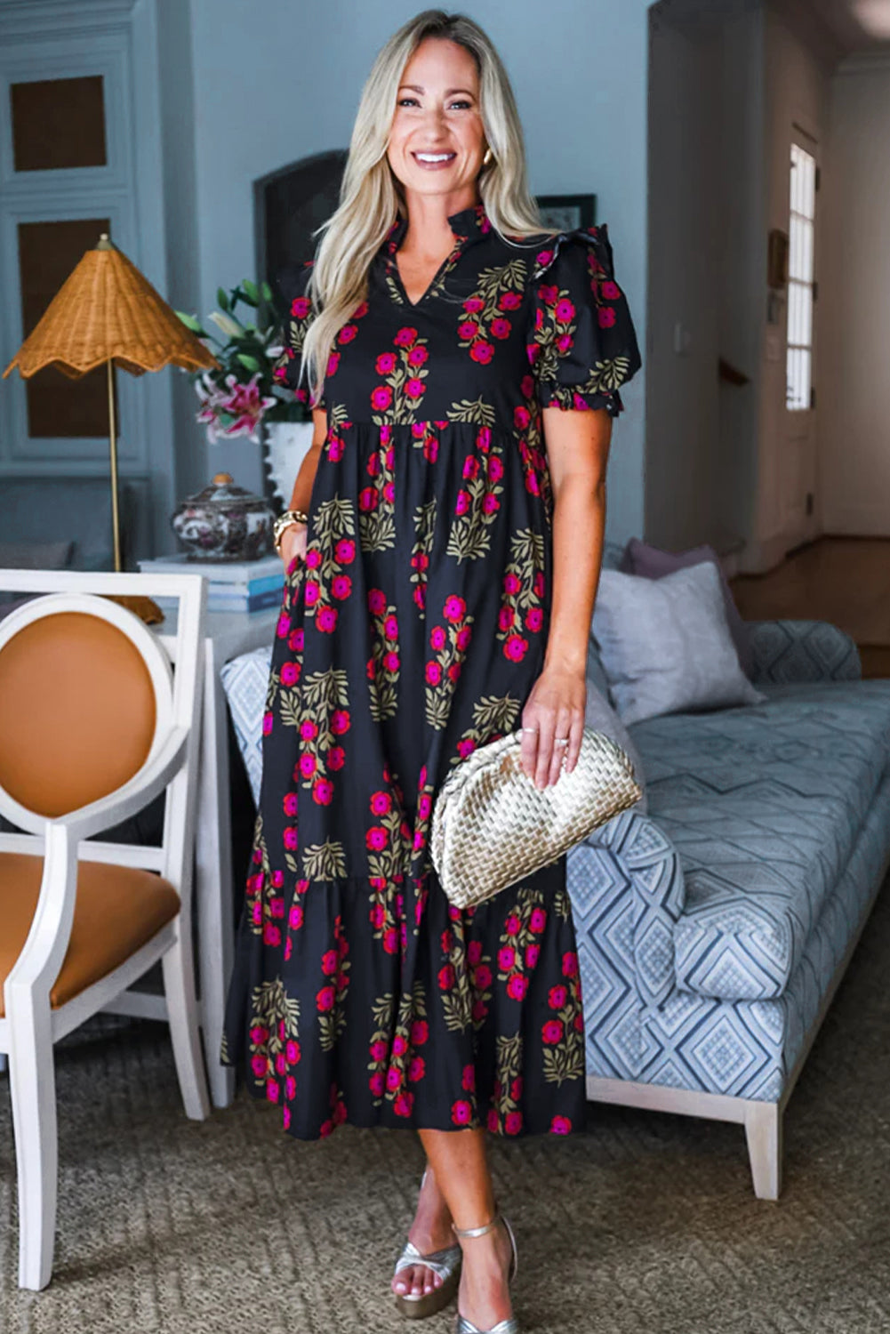 Beige Floral Short Bubble Sleeve Tiered Maxi Dress