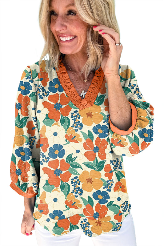 Orange Frilled V Neck Floral Print Bracelet Sleeve Blouse