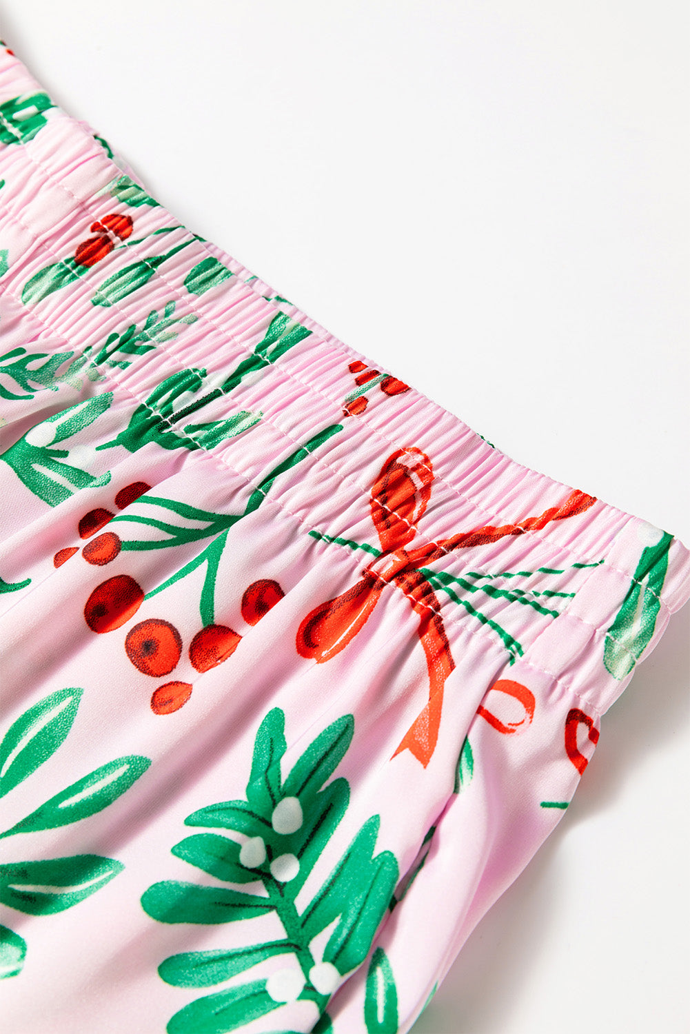 Pink Christmas Print Plush Edge Collar Shirt Pants Pajama Set