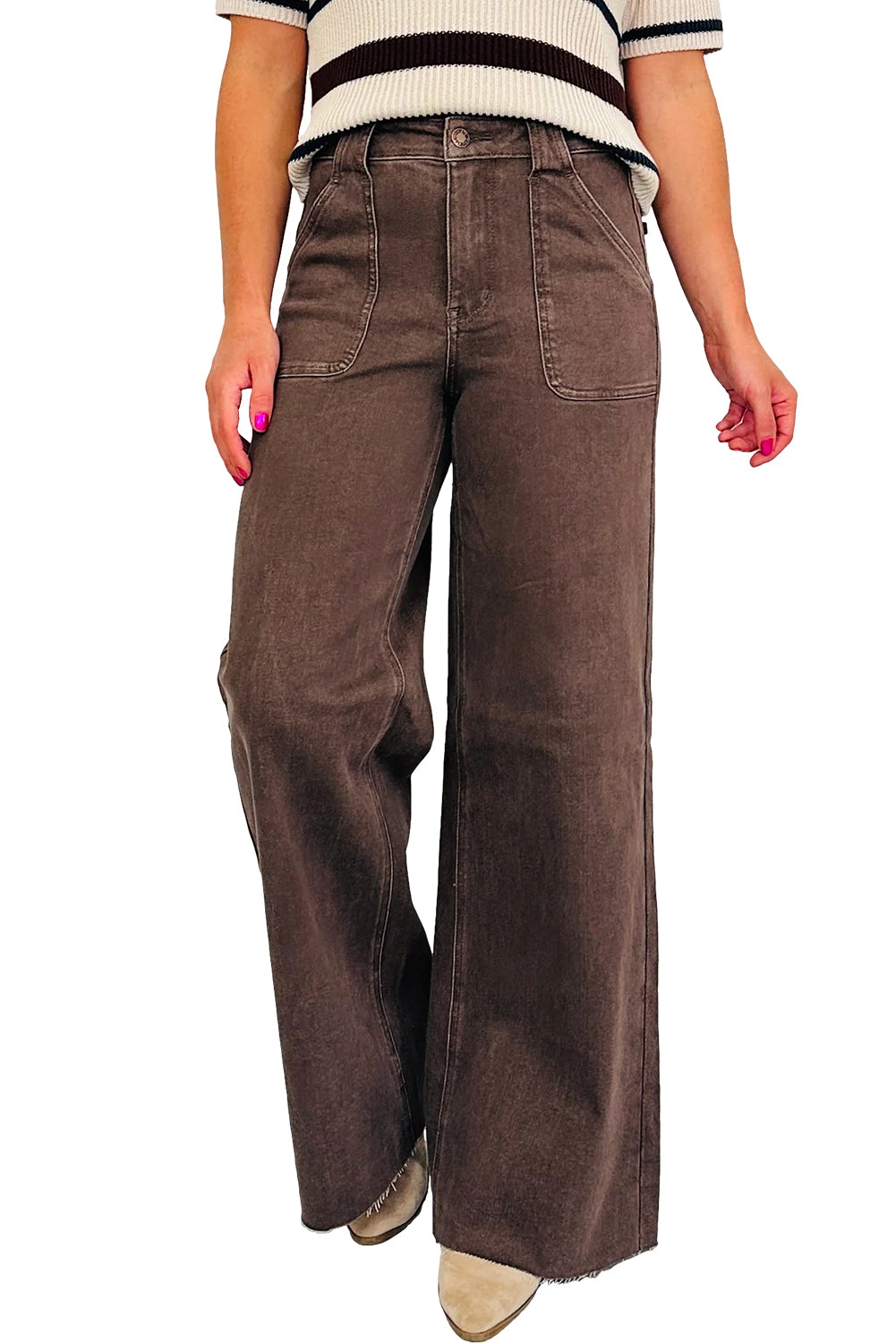 Dark Brown Retro Washed Patch Pocket Loose Jeans