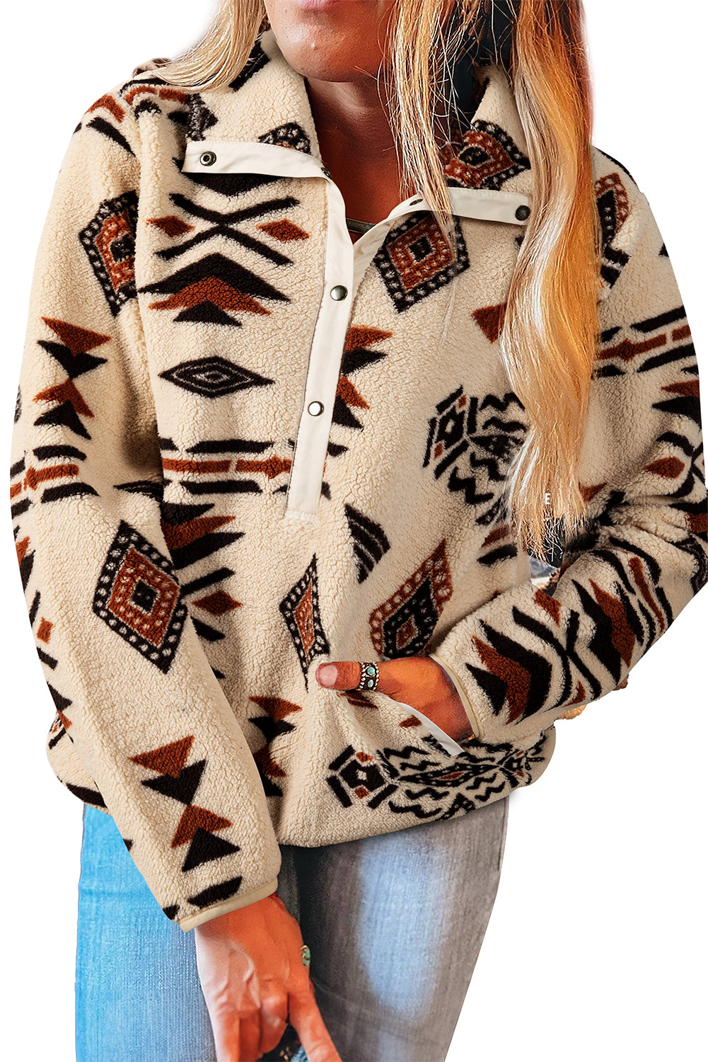 Beige Vintage Geometric Half Zip Plush Sweatshirt