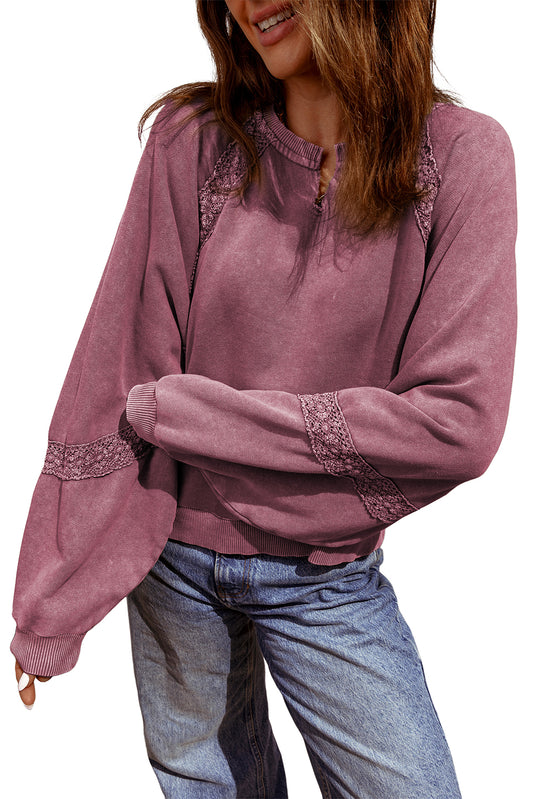 Red Dahlia Lace Applique Notched Neck Mineral Wash Baggy Sweatshirt