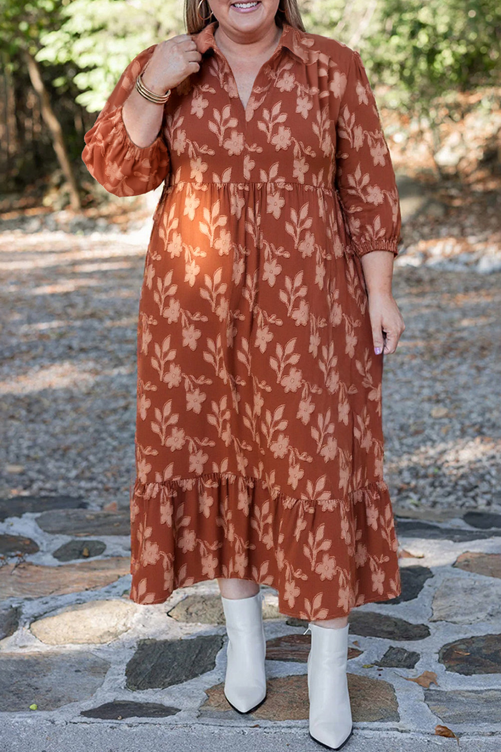 Cinnamon Plus Size Textured Flower Pattern Ruffle Hem Dress