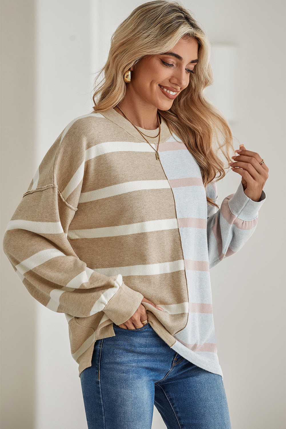 Blue Stripe Exposed Seam Patchwork Loose Sweater